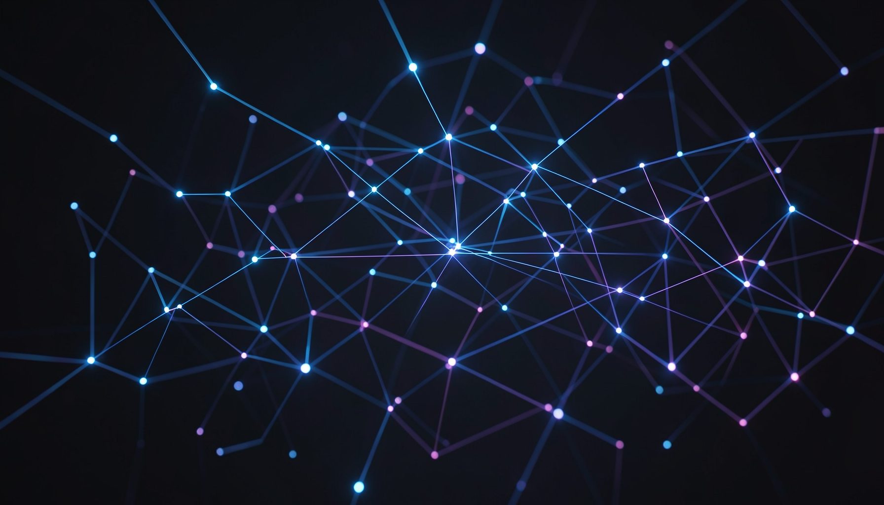 Abstract digital network of glowing blue and violet nodes connected by fine lines, set against a deep charcoal background, conveying technology and connectivity.