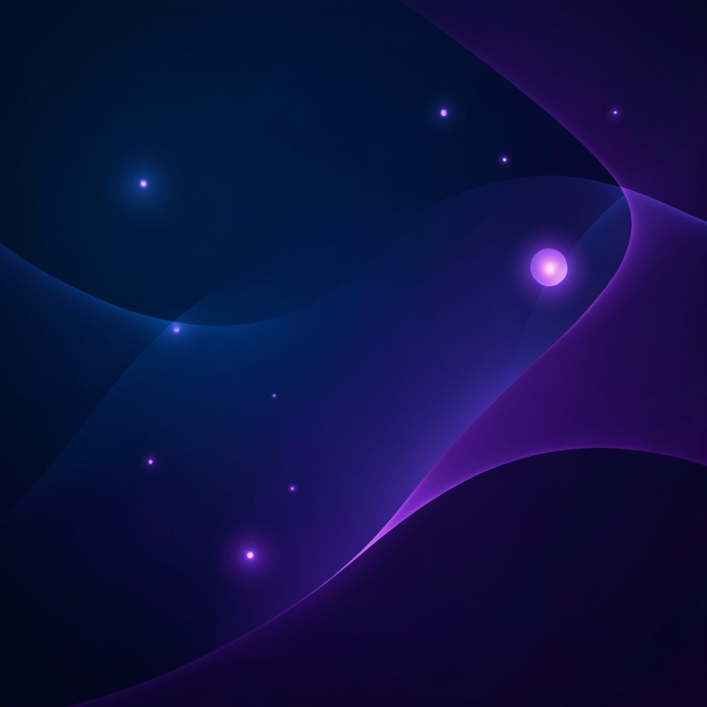 Abstract dark blue and violet gradient waves with glowing purple orbs, conveying a modern digital finance atmosphere