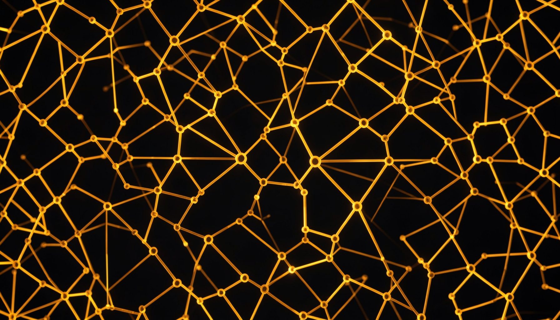 Warm golden-orange abstract geometric pattern suggesting blockchain nodes and digital networks on a dark background