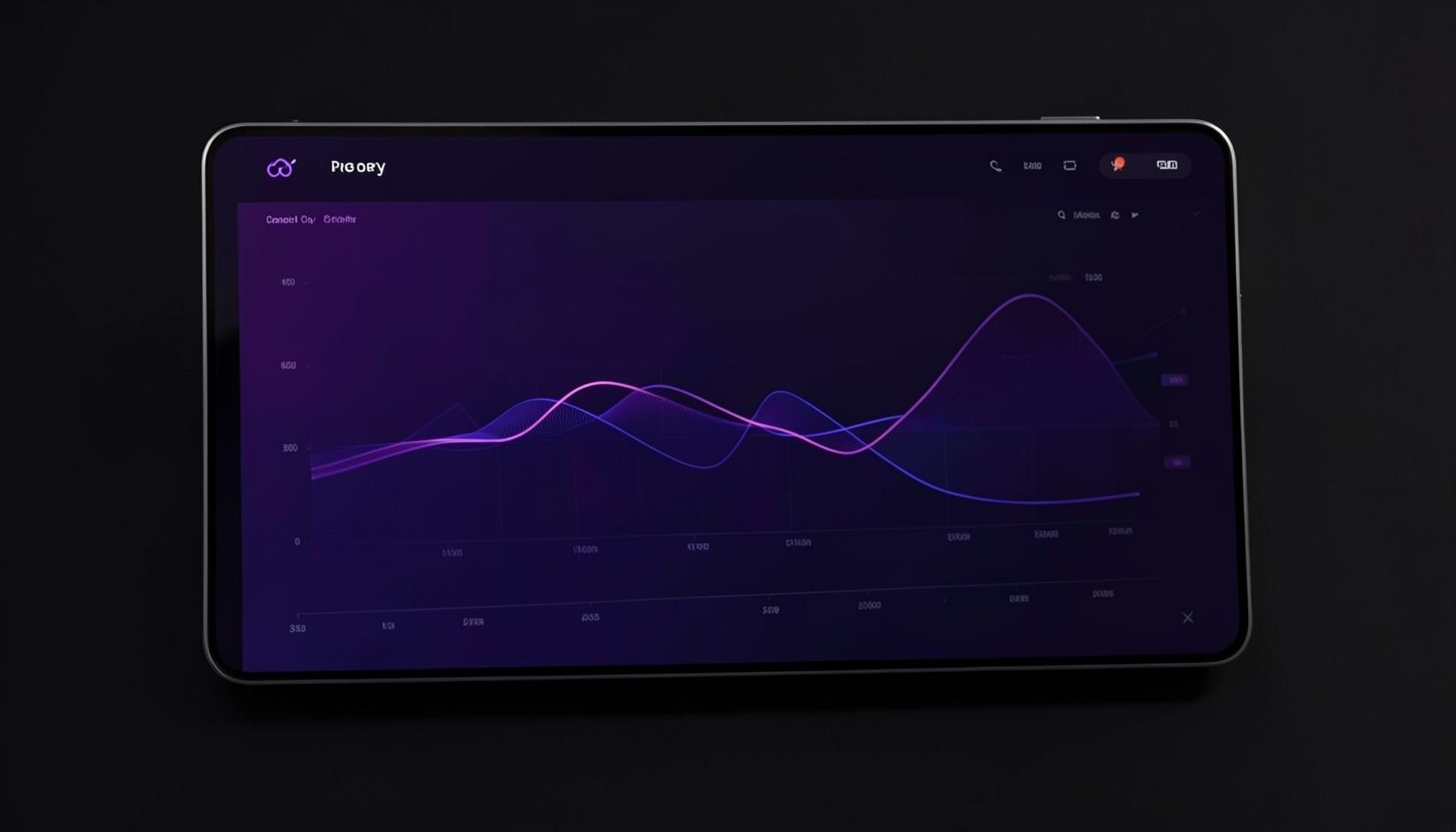 A sleek digital dashboard with subtle purple and indigo gradient accents, displaying abstract chart-like lines and data visualizations on a dark surface.